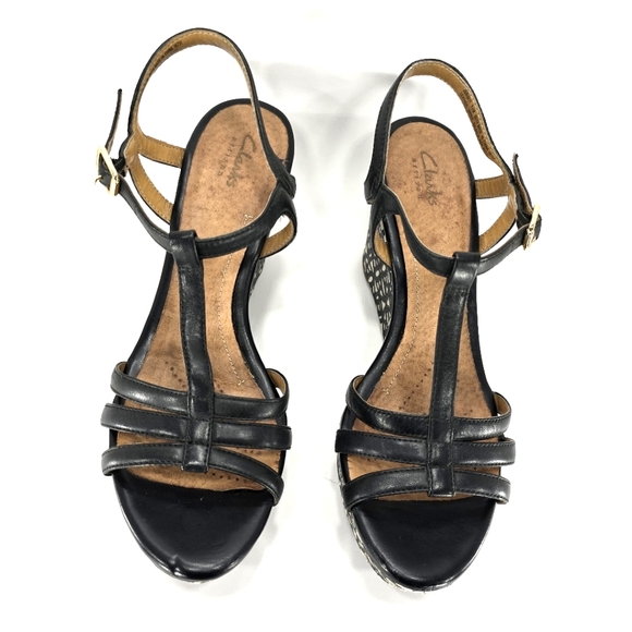 Clarks Artison NEW!! Amelia Avery, Black Leather, Wedge Sandal. Women's 9.5M - Picture 6 of 12